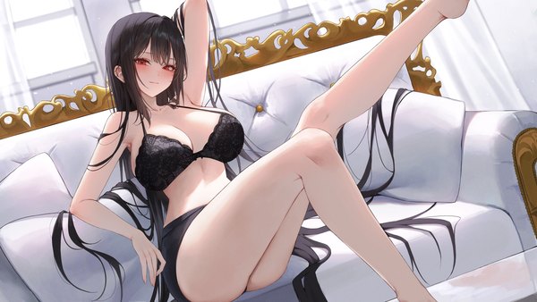 Anime picture 4000x2250 with original ame 816 single long hair looking at viewer blush fringe highres breasts light erotic black hair red eyes wide image sitting absurdres cleavage bent knee (knees) indoors blunt bangs arm up