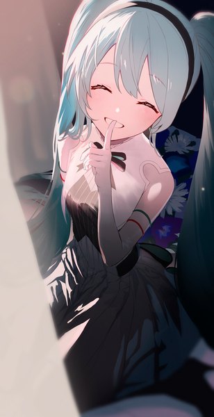 Anime picture 480x936 with vocaloid miku symphony (vocaloid) hatsune miku shuuha arutsu single tall image fringe smile hair between eyes sitting twintails eyes closed very long hair from above aqua hair grin finger to mouth wariza ^ ^ girl