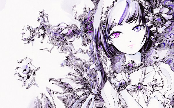 Anime-Bild 1000x624 mit original charmal (pixiv) single short hair wide image purple hair heterochromia skeleton girl earrings hairband