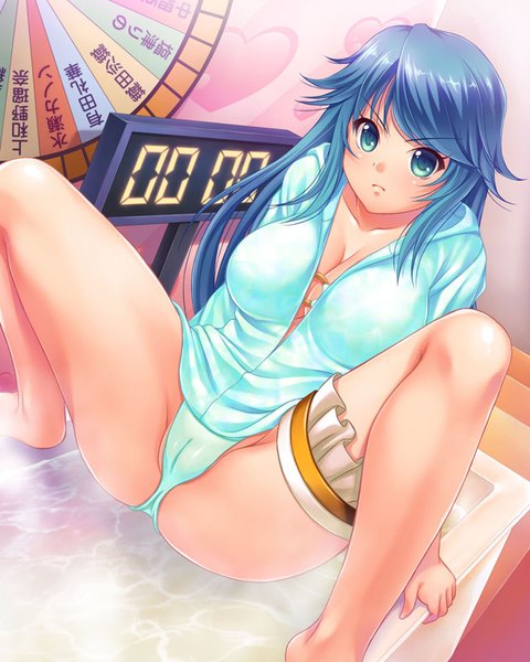 Anime picture 640x800 with original aocchi single long hair tall image looking at viewer breasts blue eyes light erotic blue hair spread legs girl underwear panties