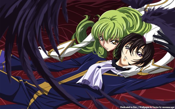 Anime picture 1920x1200 with code geass sunrise (studio) c.c. lelouch lamperouge long hair looking at viewer fringe highres short hair black hair wide image purple eyes yellow eyes parted lips green hair couple girl boy gloves uniform