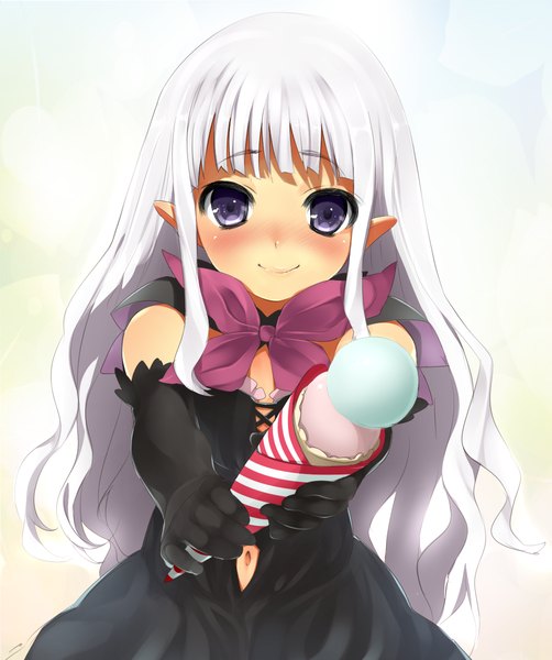 Anime picture 1155x1381 with shining (series) shining hearts melty de granite nishimuku meri long hair tall image looking at viewer blush purple eyes animal ears white hair girl dress gloves elbow gloves food sweets ice cream