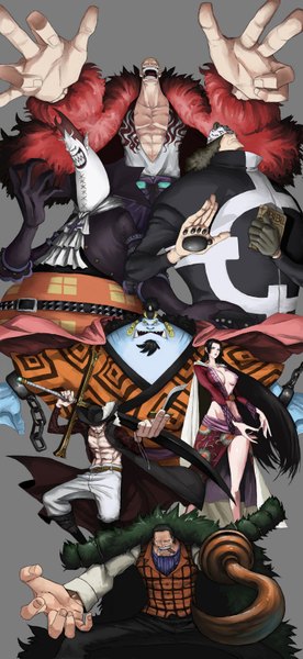 Anime picture 1500x3250 with one piece toei animation boa hancock donquixote doflamingo sir crocodile dracule mihawk jimbei gecko moria bartholomew kuma iridori long hair tall image highres short hair breasts light erotic black hair blonde hair simple background red eyes