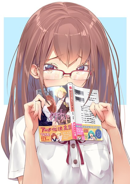 Anime picture 707x1000 with original kinugasa yuuichi single long hair tall image looking at viewer blush fringe brown hair holding brown eyes upper body covering drawing covering face girl ribbon (ribbons) shirt glasses white shirt