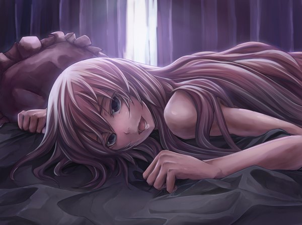 Anime picture 1261x940 with vocaloid megurine luka arkas (artist) long hair open mouth blue eyes bare shoulders pink hair lying girl pillow