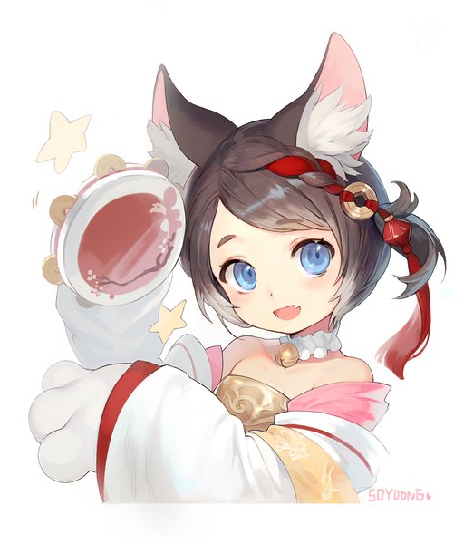 Anime picture 1889x2215 with forever 7th capital shiro (forever 7th capital) soyoong jun single tall image highres short hair open mouth blue eyes black hair simple background white background signed animal ears upper body :d fang (fangs) bell collar animal eyes cat eyes