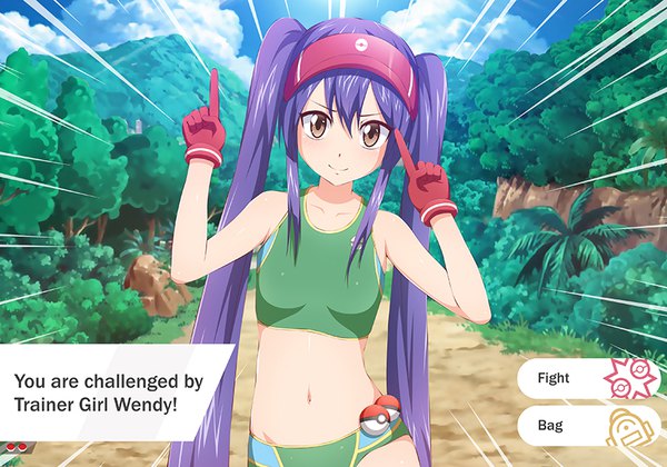 Anime picture 850x595 with pokemon fairy tail nintendo wendy marvell blue-senpai single looking at viewer fringe light erotic smile hair between eyes standing twintails brown eyes payot sky purple hair cloud (clouds) upper body outdoors