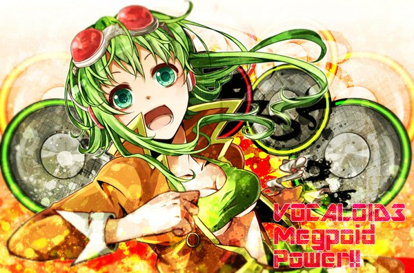 Anime picture 1500x990 with vocaloid gumi nou single long hair open mouth green eyes green hair inscription girl goggles speakers