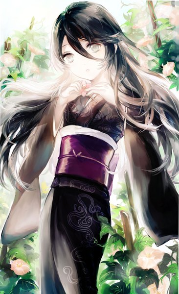 Anime picture 1000x1635 with hataraku maou-sama! white fox kamazuki suzuno juexing (moemoe3345) single long hair tall image looking at viewer blush open mouth black hair japanese clothes white eyes girl flower (flowers) plant (plants) tree (trees) kimono