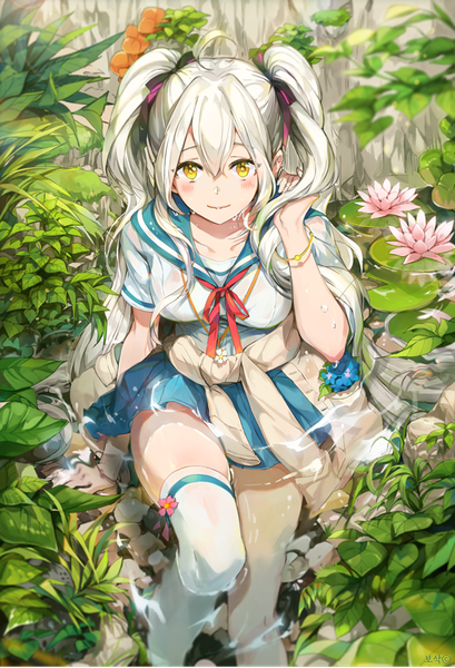 Anime-Bild 630x923 mit original bosack single tall image looking at viewer blush fringe smile hair between eyes twintails yellow eyes ahoge white hair very long hair from above arm support partially submerged clothes around waist girl thighhighs