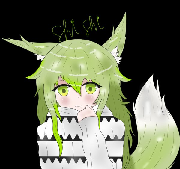 Anime picture 1494x1405 with original shishi gum single long hair looking at viewer blush fringe simple background hair between eyes green eyes signed animal ears upper body tail long sleeves animal tail green hair fox ears fox tail fox girl