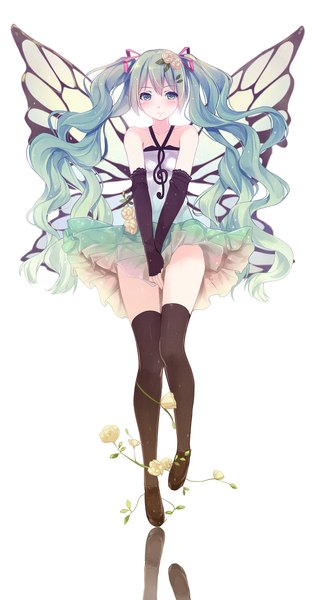 Anime picture 1000x1909 with vocaloid hatsune miku caidychen single tall image blush simple background white background twintails very long hair aqua eyes aqua hair insect wings butterfly wings girl thighhighs dress flower (flowers) black thighhighs