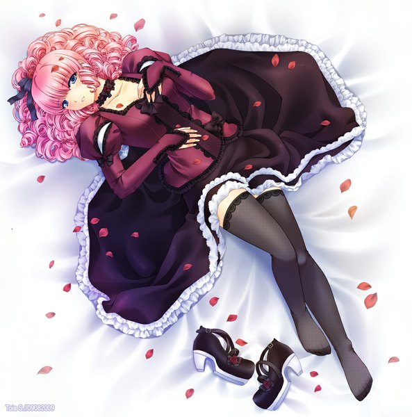 Anime picture 1000x1013 with original toi-chan single long hair tall image blue eyes pink hair drill hair girl thighhighs dress black thighhighs petals shoes frills