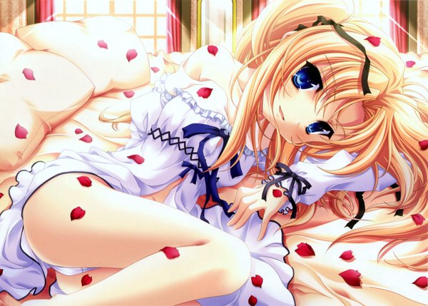 Anime picture 3301x2362 with kanojo tachi no ryuugi shirogane tobari miyama zero highres blue eyes light erotic blonde hair absurdres girl petals pillow