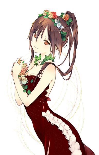 Anime picture 600x935 with original lpip single long hair tall image simple background smile brown hair white background bare shoulders brown eyes ponytail head tilt hair flower looking down girl dress hair ornament flower (flowers) black dress