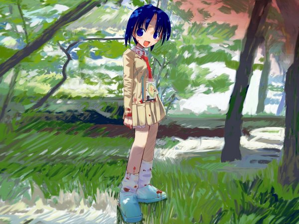 Anime picture 1280x960 with tagme (copyright) tagme (artist) single looking at viewer short hair open mouth blue eyes standing blue hair full body outdoors :d blood on face bloody clothes girl blood paint