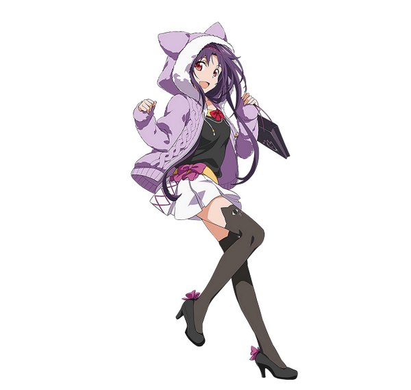 Anime picture 1280x1215 with sword art online sword art online: code register a-1 pictures yuuki (sao) single long hair looking at viewer open mouth simple background smile red eyes standing white background animal ears purple hair full body bent knee (knees) long sleeves pleated skirt cat ears