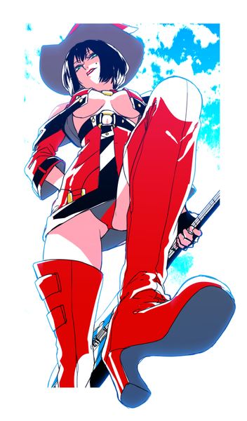 Anime picture 520x884 with guilty gear i-no pizaya single tall image short hair breasts light erotic black hair sky aqua eyes from below pantyshot hand on hip lipstick border shaded face red lipstick girl underwear