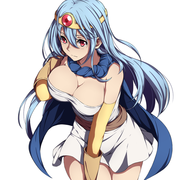Anime picture 1492x1489 with dragon quest dragon quest iii sage (dq3) sblack single long hair breasts light erotic red eyes large breasts white background bare shoulders blue hair cleavage girl dress gloves hair ornament elbow gloves