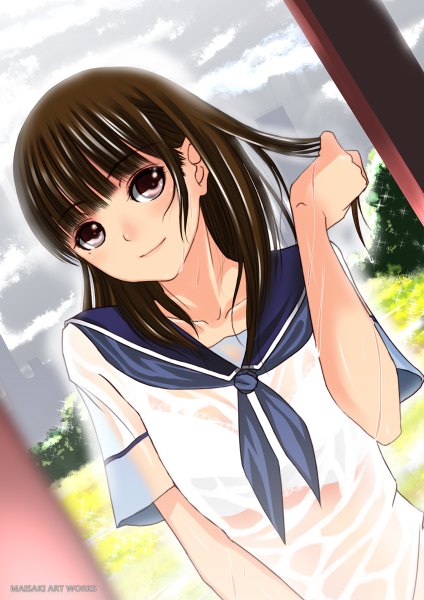 Anime picture 848x1200 with love plus anegasaki nene maisaki single long hair tall image looking at viewer smile brown hair brown eyes cloud (clouds) girl serafuku