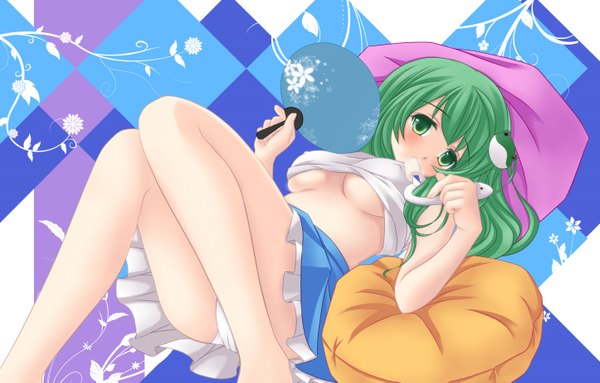 Anime picture 1446x925 with touhou kochiya sanae nekokotei breasts light erotic green eyes green hair pantyshot girl pillow fan