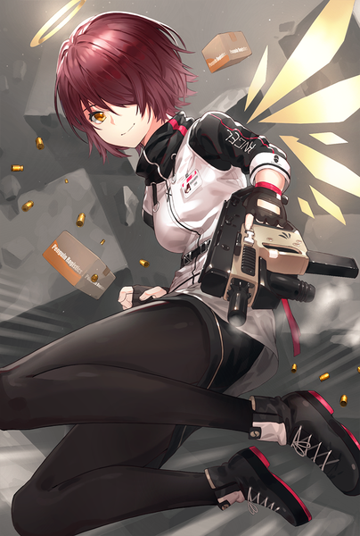 Anime picture 739x1096 with arknights exusiai (arknights) kfr single tall image fringe short hair breasts smile holding brown eyes full body red hair hair over one eye lacing girl thighhighs skirt gloves weapon