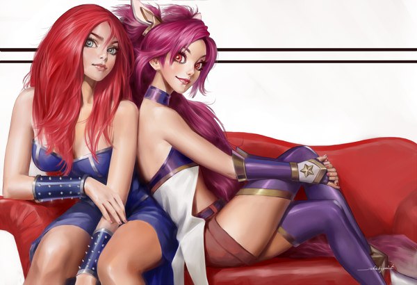 Anime picture 1200x820 with league of legends sona buvelle jinx (league of legends) star guardian jinx whiskypaint long hair looking at viewer red eyes sitting bare shoulders multiple girls signed pink hair bent knee (knees) red hair lips realistic leg hug between thighs girl