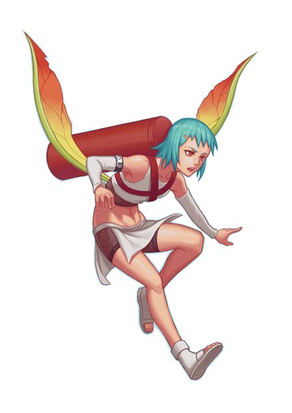 Anime picture 800x1132 with naruto studio pierrot naruto (series) fuu (naruto) hayate (leaf98k) single tall image short hair open mouth simple background red eyes white background aqua hair bare belly jinchuriki girl navel hair ornament detached sleeves wings