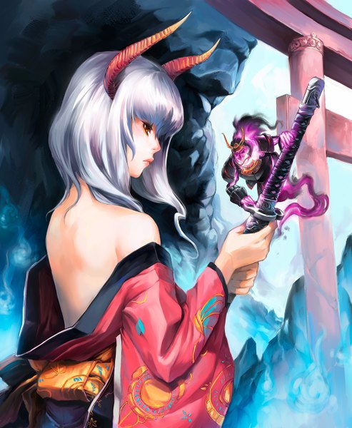 Anime picture 1052x1280 with original asuka111 single tall image fringe bare shoulders brown eyes silver hair traditional clothes japanese clothes horn (horns) lips off shoulder demon girl weapon sword kimono katana