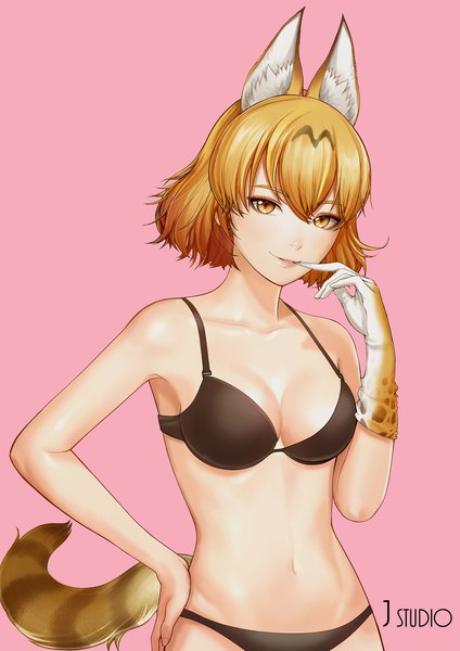 Anime picture 1654x2338 with kemono friends serval (kemono friends) joe (pixiv 5075180) single tall image looking at viewer fringe short hair light erotic simple background blonde hair hair between eyes animal ears yellow eyes tail animal tail lips underwear only finger to mouth pink background