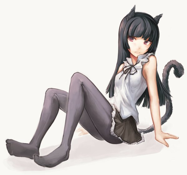 Anime picture 1278x1200 with ore no imouto ga konna ni kawaii wake ga nai gokou ruri saimon ma single long hair black hair simple background red eyes white background animal ears cat ears cat girl cat tail no shoes girl skirt pantyhose