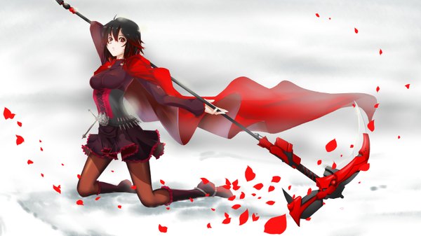 Anime picture 6220x3499 with rwby rooster teeth ruby rose sushu single fringe highres short hair breasts black hair simple background hair between eyes red eyes wide image holding looking away absurdres ahoge red hair long sleeves