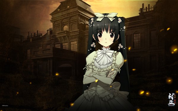 Anime picture 1920x1200 with full metal daemon muramasa nitroplus highres black hair wide image twintails black eyes girl bow hair bow building (buildings)