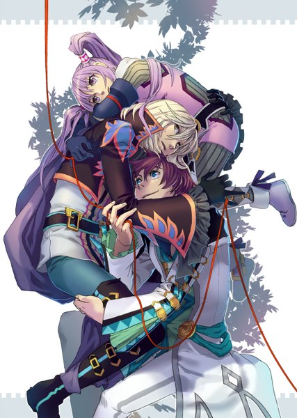 Anime picture 1000x1405 with tales of (series) tales of graces sophie (tales) asbel lhant richard (tales) liduke long hair tall image short hair blue eyes blonde hair smile brown hair white background purple eyes twintails purple hair multiple boys hug girl