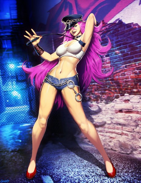 Anime picture 766x992 with final fight poison (final fight) genzoman long hair tall image fringe breasts blue eyes light erotic pink hair cleavage nail polish hair over one eye shadow lipstick red lipstick makeup long legs girl bracelet
