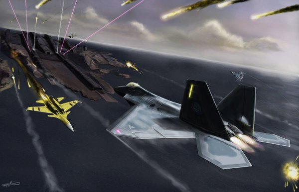 Anime picture 2500x1611 with ace combat thompson highres signed sky cloud (clouds) smoke flying landscape battle war weapon airplane jet f-22 su-37