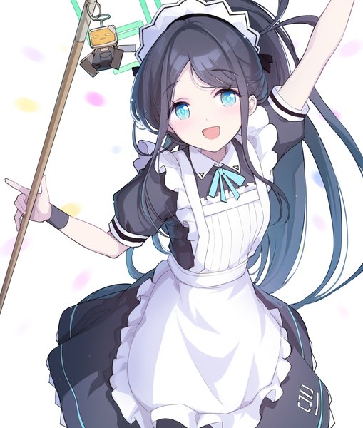 Anime picture 1344x1583 with blue archive aris (blue archive) aris (maid) (blue archive) miya kazutomo single long hair tall image looking at viewer open mouth blue eyes black hair white background ponytail head tilt :d maid official alternate costume girl uniform headdress