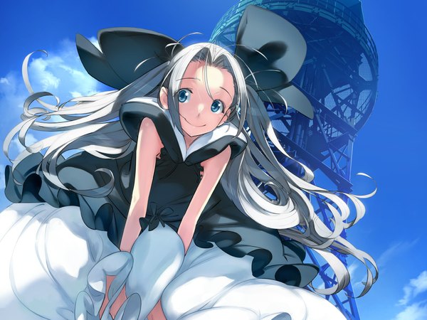 Anime picture 1920x1440 with robotics;notes production i.g airi (robotics;notes) fukuda tomonori single long hair highres blue eyes smile sky cloud (clouds) wind grey hair two side up girl dress bow hair bow large bow