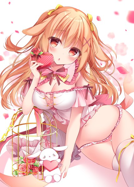 Anime picture 1480x2071 with original shirosei mochi single long hair tall image looking at viewer blush fringe breasts light erotic blonde hair hair between eyes large breasts animal ears cleavage :o orange eyes two side up bunny ears valentine