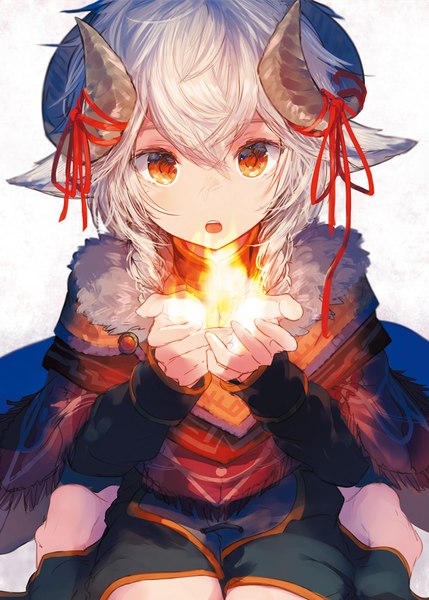 Anime picture 863x1208 with original makihitsuji single long hair tall image looking at viewer fringe open mouth simple background hair between eyes red eyes white background sitting white hair long sleeves horn (horns) fur trim androgynous girl ribbon (ribbons)