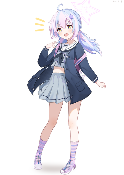 Anime picture 2480x3508 with blue archive reisa (blue archive) exusiai dust single long hair tall image fringe highres open mouth simple background hair between eyes white background purple eyes twintails blue hair pink hair full body ahoge :d pleated skirt