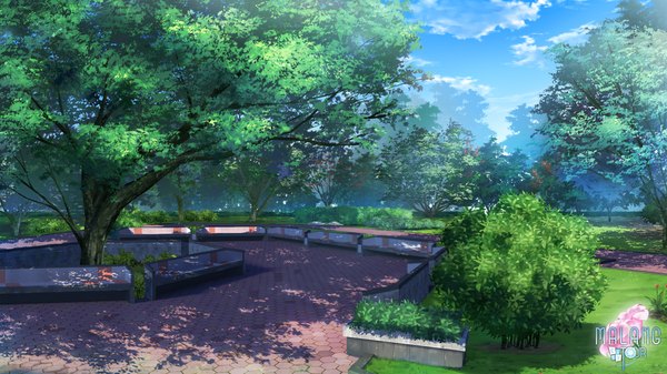 Anime picture 2400x1350 with original kopianget highres wide image sky cloud (clouds) shadow no people landscape plant (plants) tree (trees) grass bench