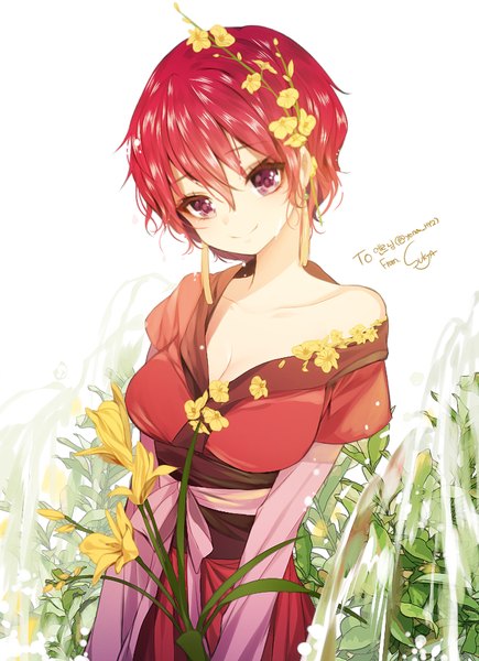Anime picture 700x964 with akatsuki no yona studio pierrot yona (akatsuki no yona) sorolp single tall image looking at viewer short hair smile red eyes bare shoulders signed red hair hair flower girl hair ornament flower (flowers) water