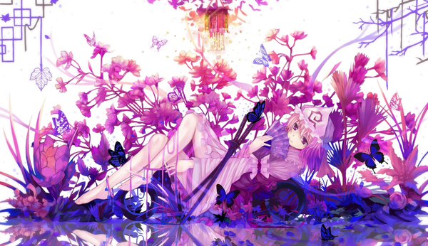 Anime picture 1980x1141 with touhou saigyouji yuyuko dead line single looking at viewer highres short hair smile wide image white background pink hair lying traditional clothes japanese clothes pink eyes barefoot on back reflection revision girl