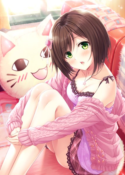 Anime picture 2591x3624 with idolmaster idolmaster cinderella girls maekawa miku hasumi (hasubatake39) single tall image blush highres short hair open mouth light erotic brown hair bare shoulders green eyes cleavage head tilt sunlight bare legs fang (fangs) girl