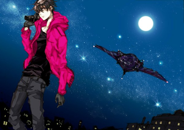 Anime picture 1000x705 with karneval gareki (karneval) raymon-2 single looking at viewer short hair black hair red eyes standing brown eyes night open clothes open jacket night sky city pale skin city lights boy gloves jacket