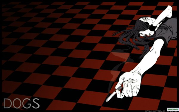 Anime picture 1680x1050 with dogs: bullets & carnage david production badou nails long hair black hair wide image lying black eyes smoke checkered floor smoking boy eyepatch cigarette