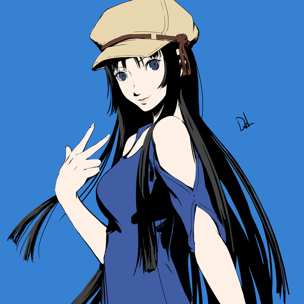 Anime picture 1200x1200 with k-on! kyoto animation akiyama mio dh (brink of memories) single long hair looking at viewer black hair simple background smile bare shoulders signed black eyes victory blue background girl cap