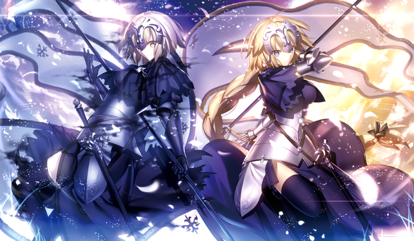 Anime picture 1801x1052 with fate (series) fate/grand order fate/apocrypha type-moon jeanne d'arc (fate) (all) jeanne d'arc (fate) mashima saki (mashimasa) long hair looking at viewer highres short hair blonde hair wide image multiple girls yellow eyes revision girl thighhighs dress gloves