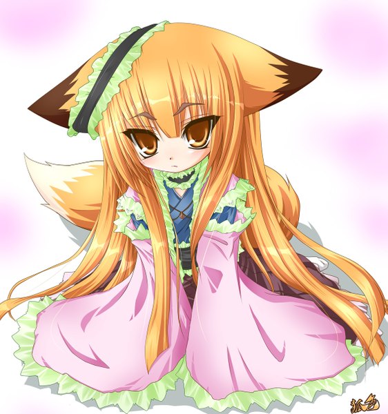 Anime picture 1141x1218 with kazami karasu single long hair tall image simple background animal ears orange hair loli orange eyes fox ears fox tail fox girl girl